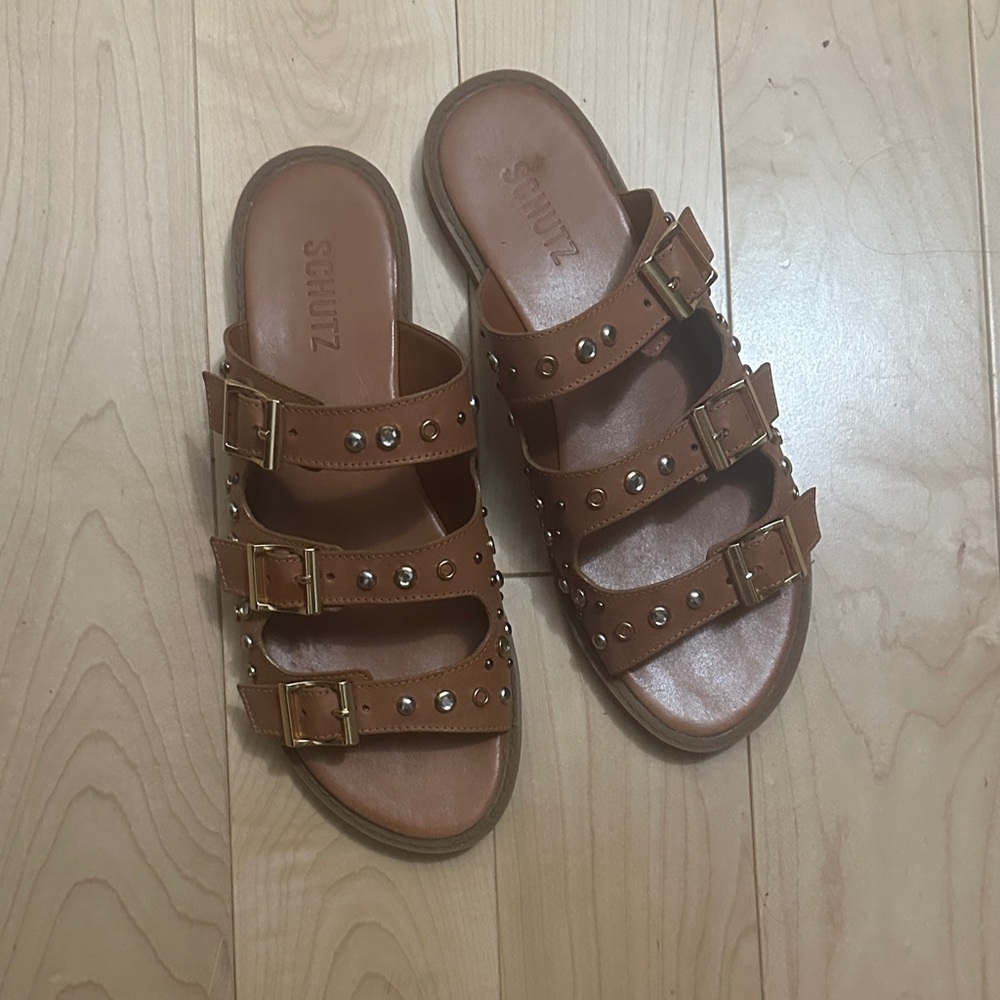 SCHUTZ Tan Triple-Strap Studded Slides